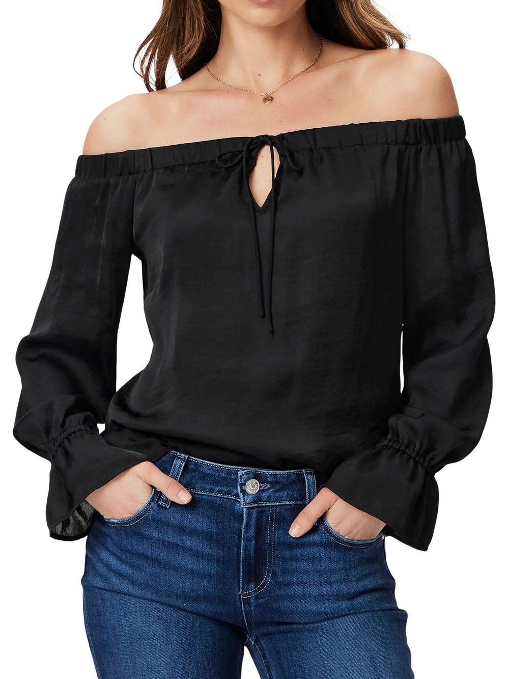 Paige Black Satin Off Shoulder Tie Front Long Sleeve Blouse